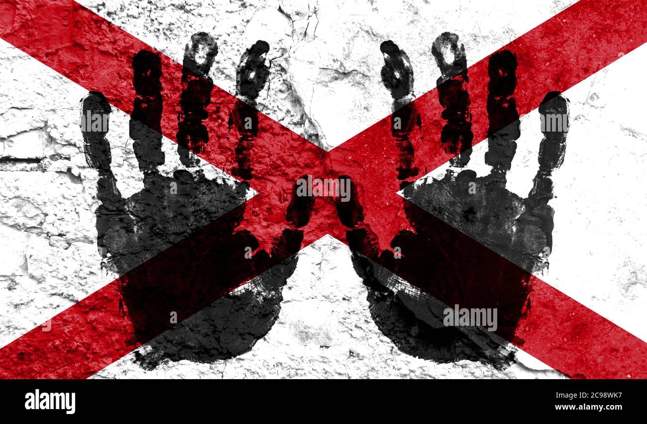 Handprints on the background of the flag of State of Alabama. Freedom of choice, corruption, and detention concept Stock Photo