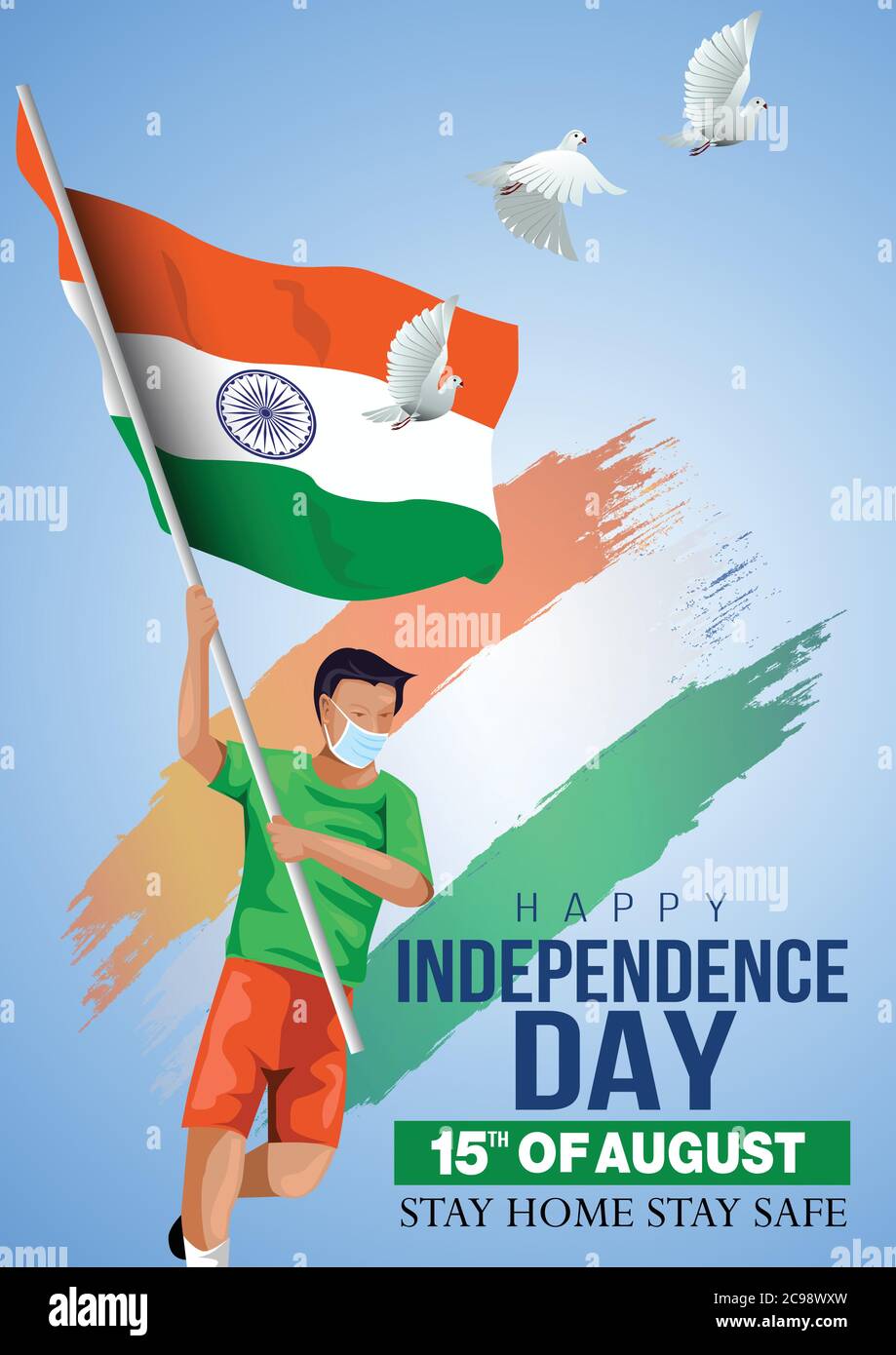 happy independence day India. vector illustration of Indian man with flag. corona virus covid-19 concept. poster, banner, template design Stock Vector