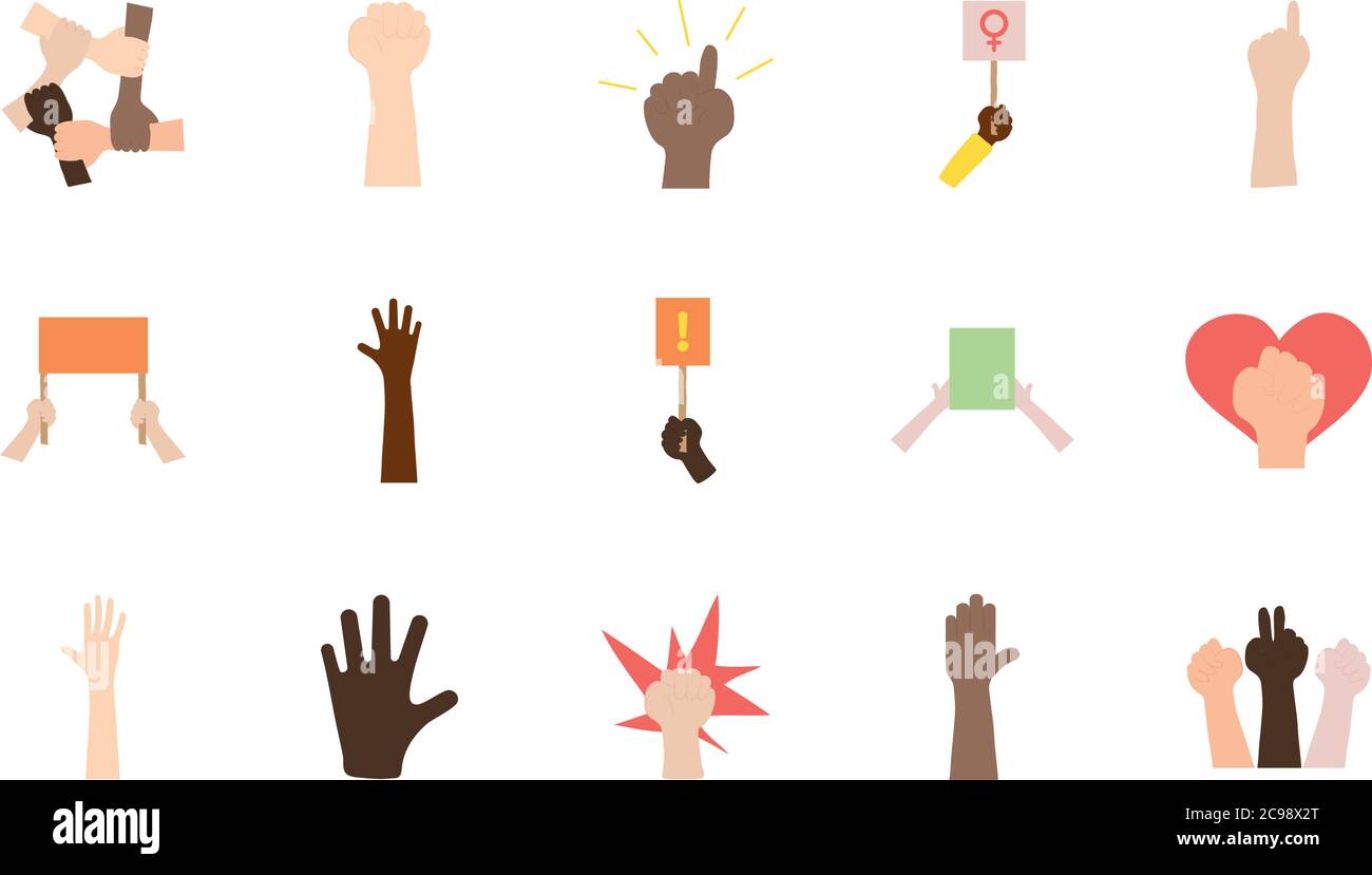 icon set of blank placards and protesting hands over white background ...