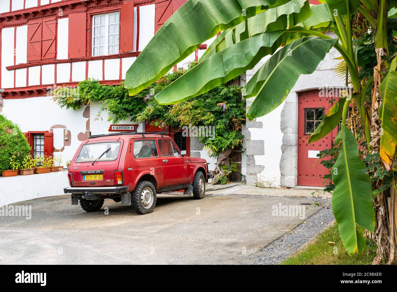 Red Lada 4x4 Niva in Ainhoa,France Stock Photo