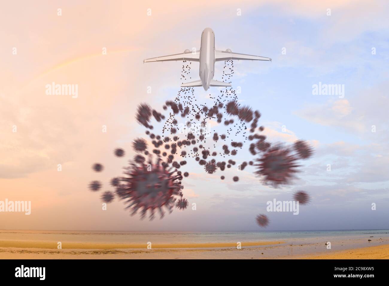 Spreading the corona virus concept: A starting airplane emitting corona viruses over a beach during sunset - metaphor for tourists spreading the virus Stock Photo