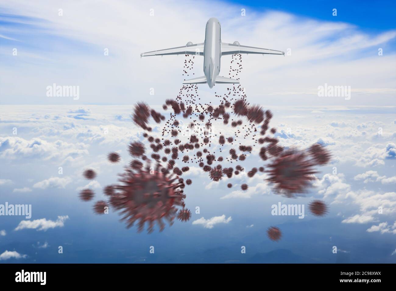 Spreading the corona virus concept: A starting airplane emitting corona viruses - metaphor for air travellers spreading the virus over the world. Stock Photo