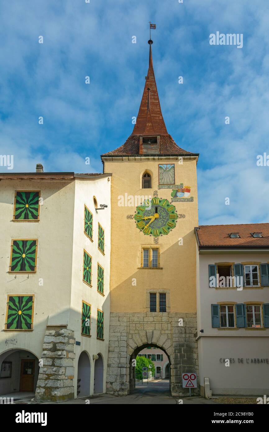 Switzerland, Neuchatel Canton,  Le Landeron, fortified north gate circa 1659 Stock Photo