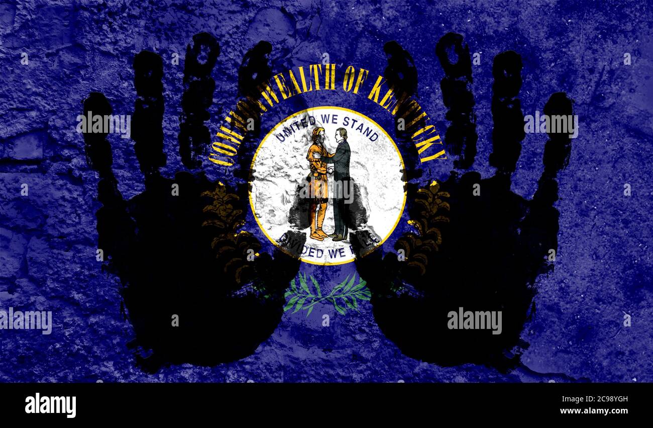 Handprints on the background of the flag of State of Kentucky. Freedom