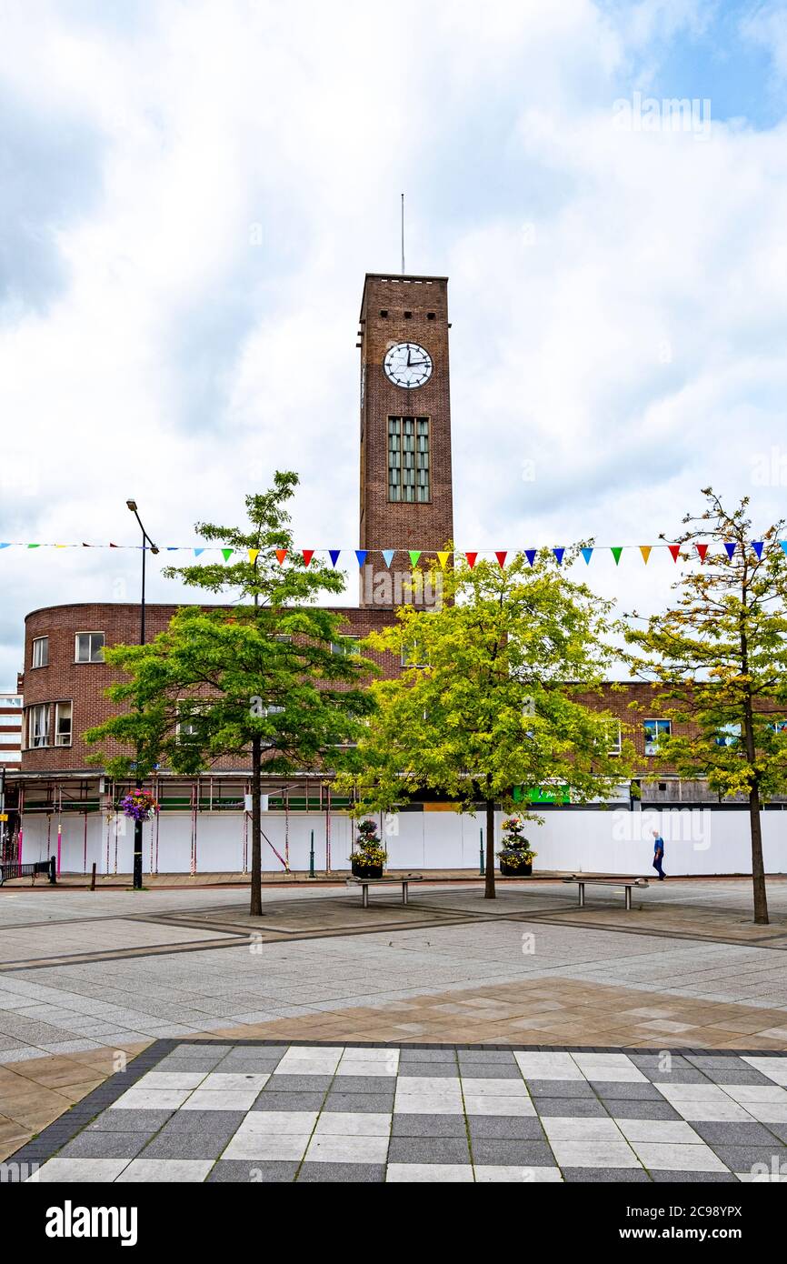 Boarded up Queensway with clock tower in town centre of Crewe Cheshire