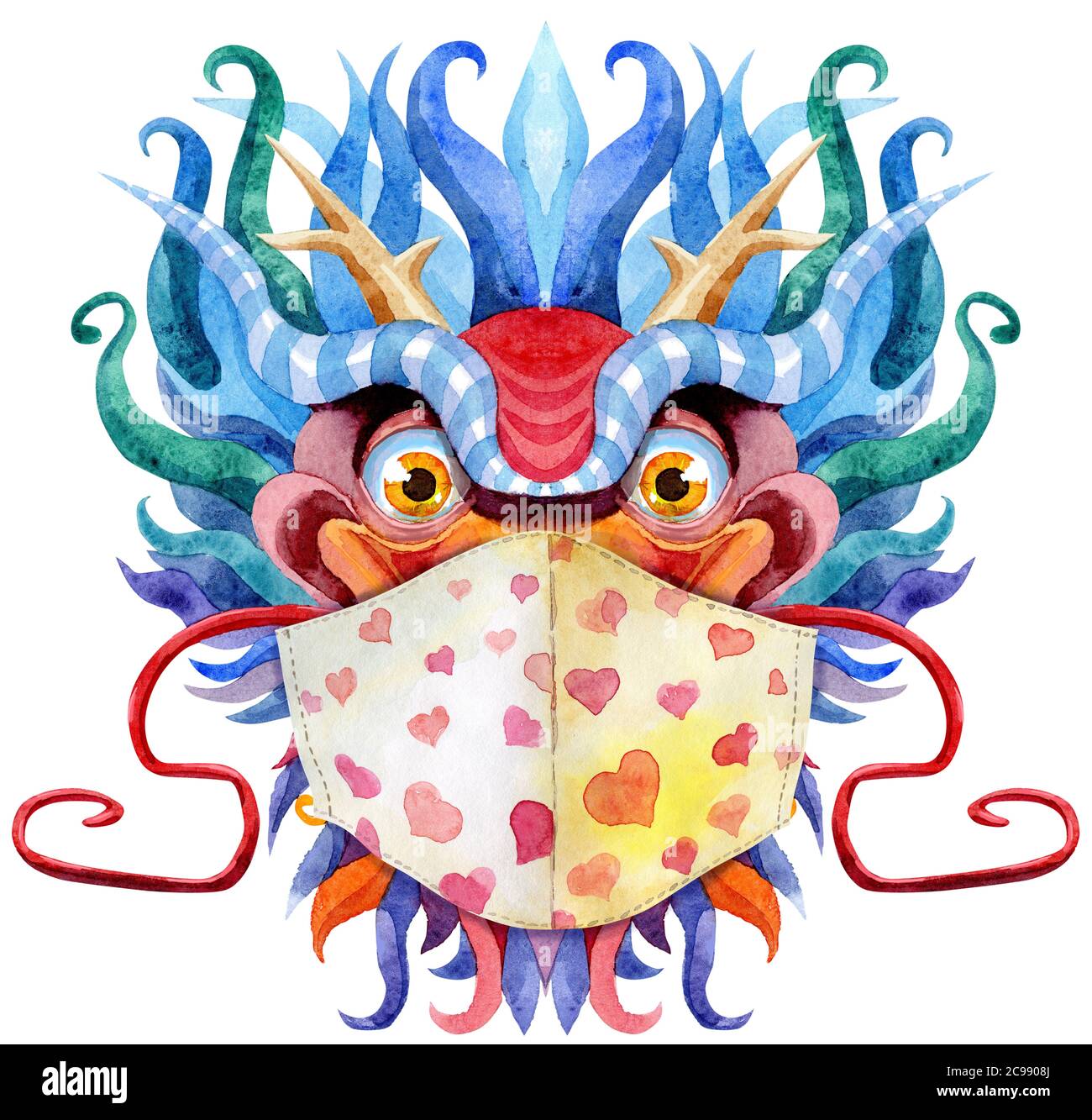 Dragon chinese in protective mask. Isolated on white background. Red and blue reptile watercolor illustration. Stock Photo