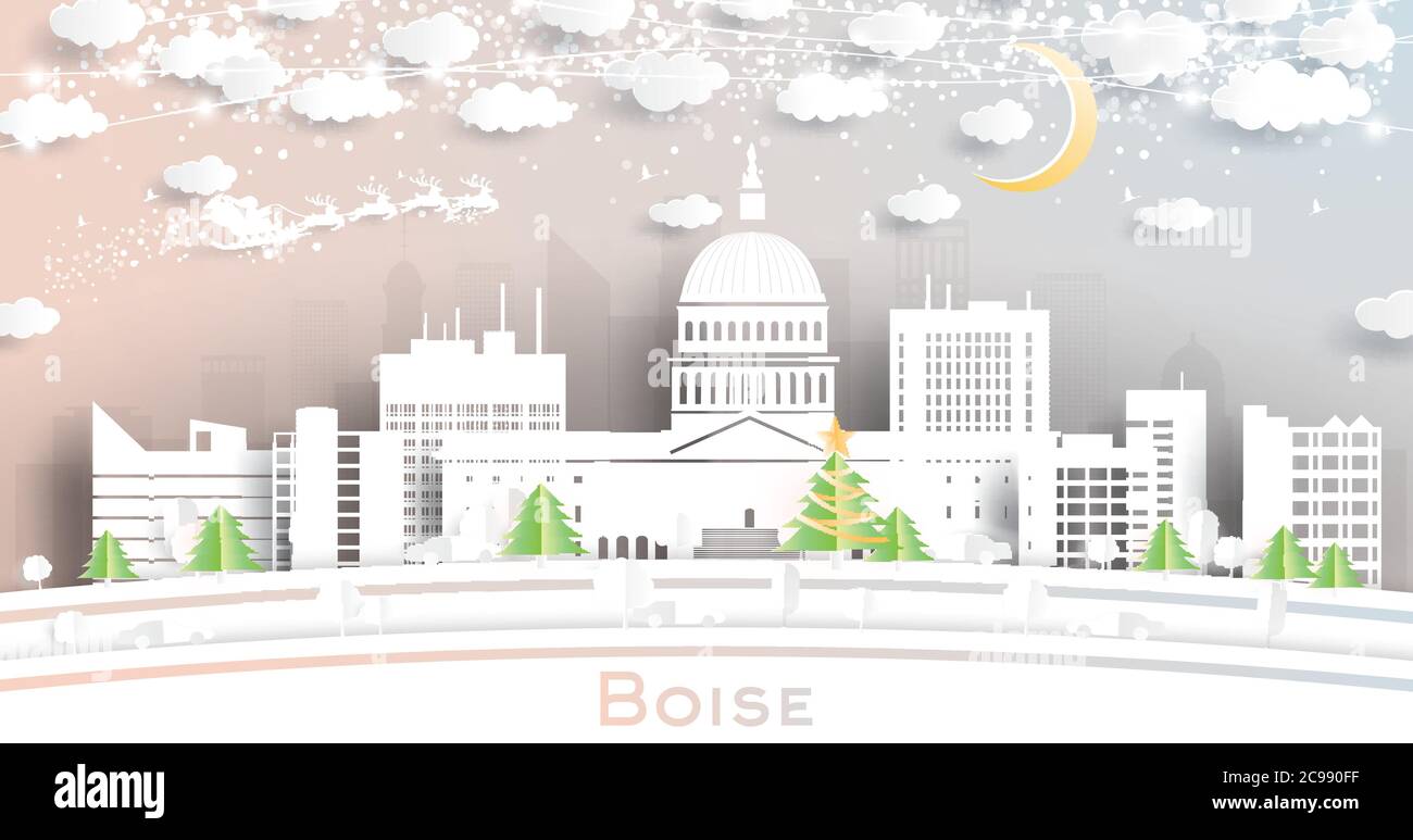 Boise Idaho USA City Skyline in Paper Cut Style with Snowflakes, Moon and Neon Garland. Vector Illustration. Christmas and New Year Concept. Stock Vector