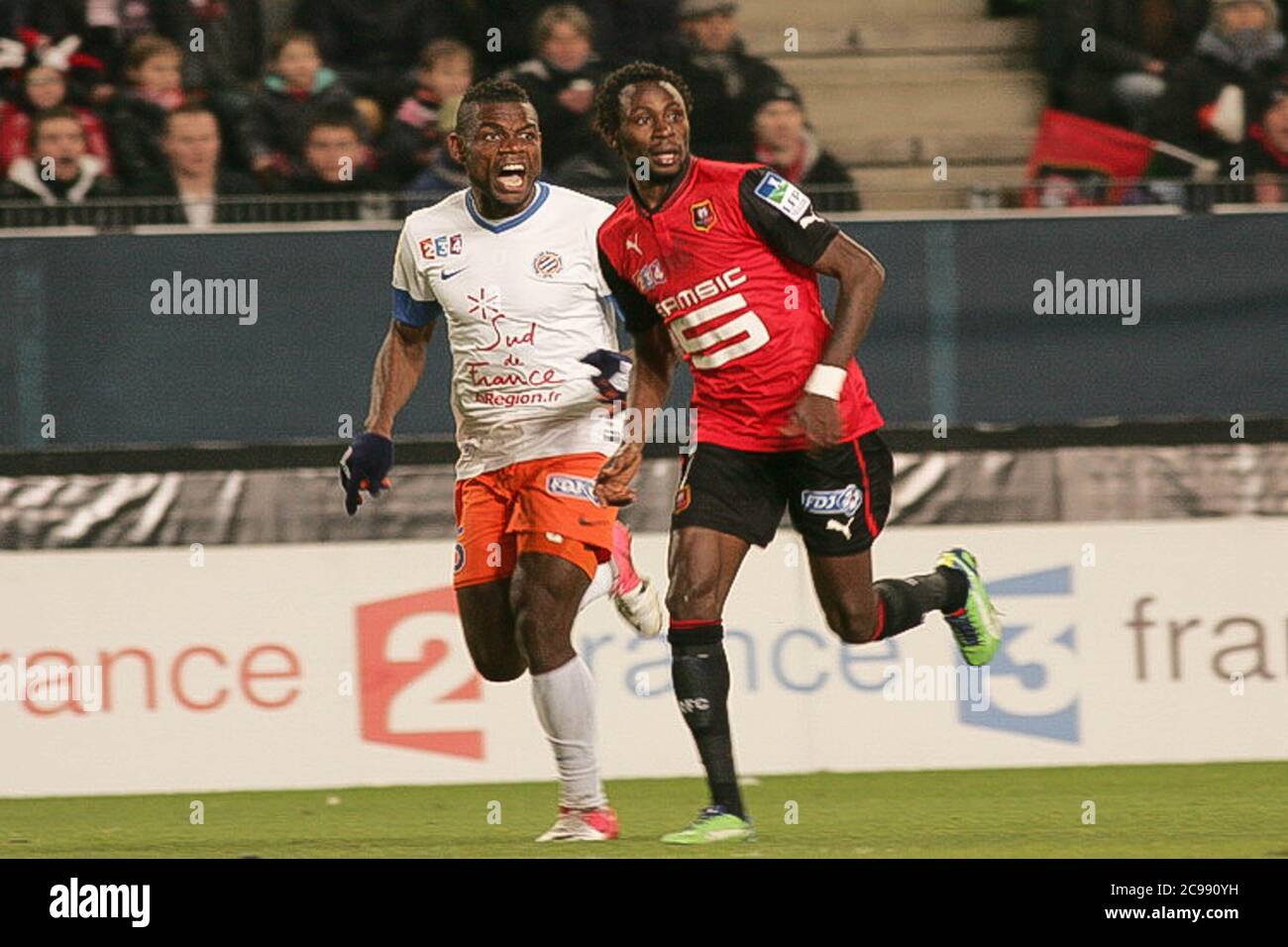 Henri Bedimo and Jonathan Pitroipa  the Coupe de la Ligue  2012 -  2013, Stade Rennais  - Montpellier Herault   on January16 2013 in   Roazon Park ,Rennes - Photo Laurent Lairys / DPPI Stock Photo