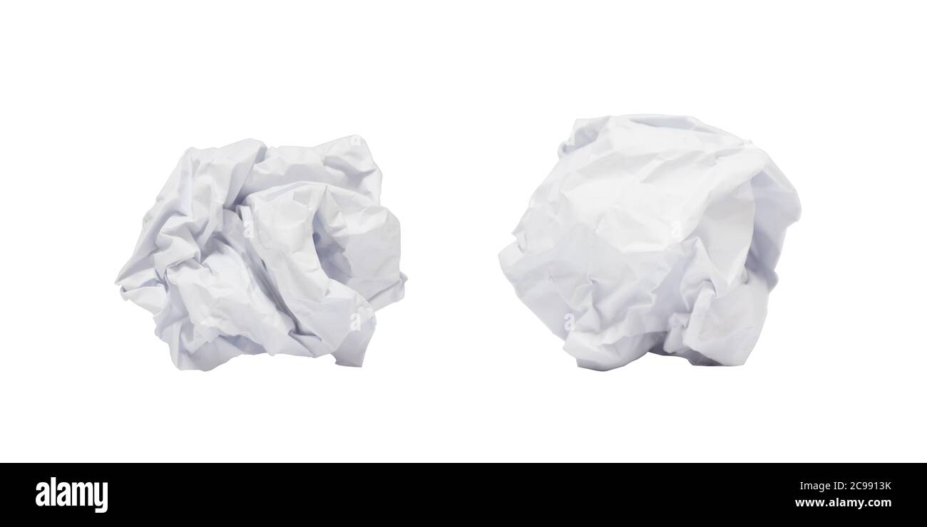 Two Rugged paper ball or paper crumpling , trash, garbage to recycle isolated on white background with Clipping path Stock Photo