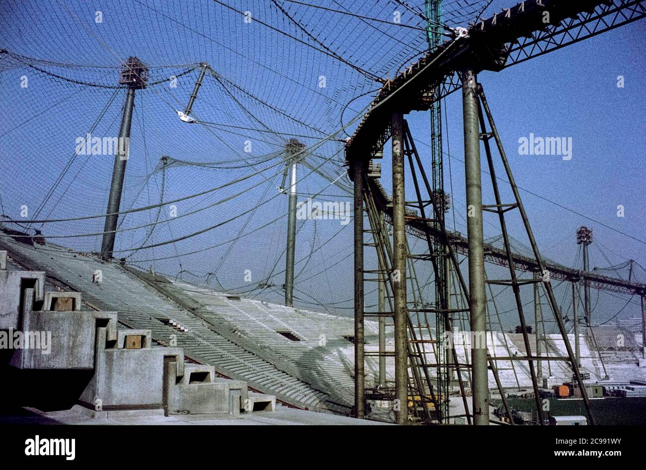 The Olympic Park of Munich under construction. Bau des Münchner Olympiaparks 1971. Construction of the Olympic Stadium, site of the Olympic Games 1972 Stock Photo