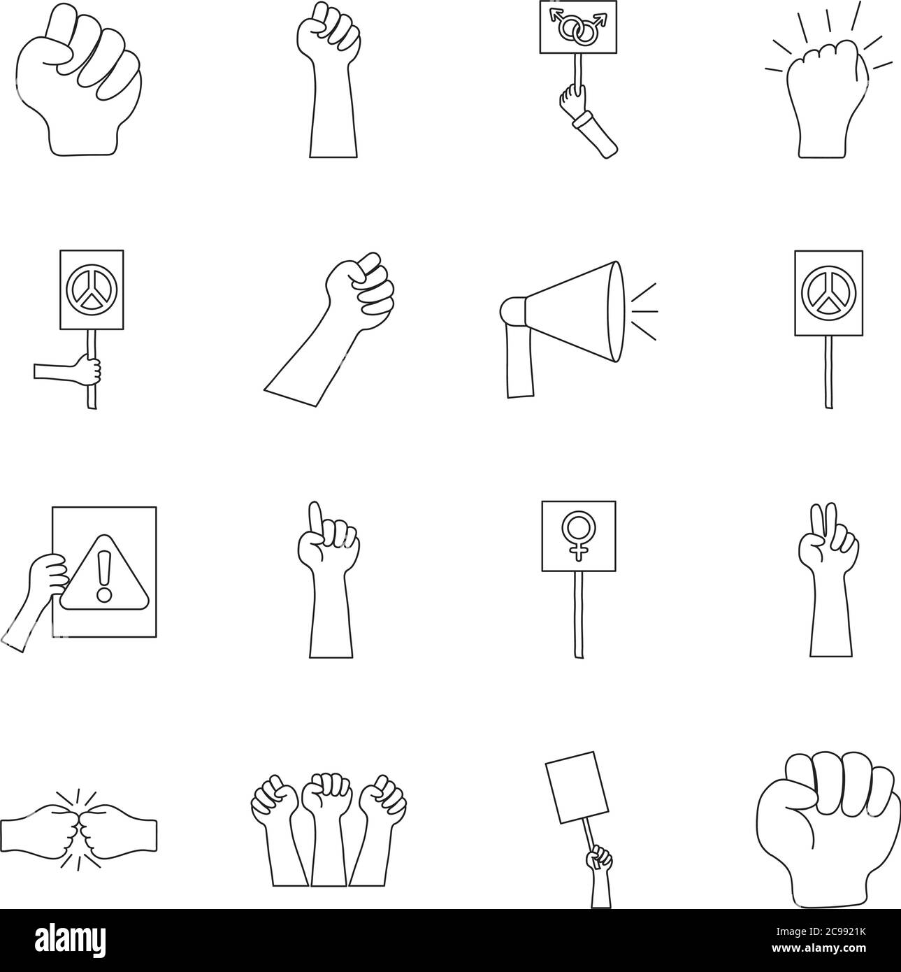 hands and protesting icon set over white background, line style, vector ...