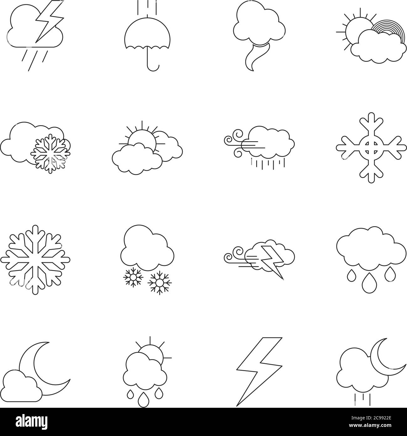 snowflake and weather icon set over white background, line style ...