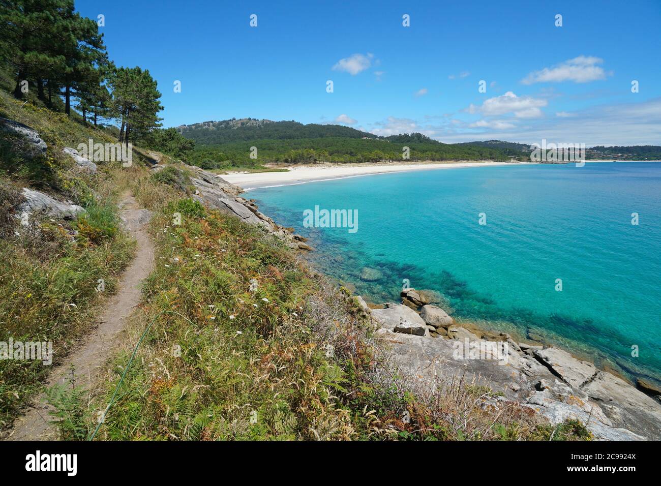 Footpath along the coast in Galicia, Spain, Atlantic ocean, Cangas de Morrazo, province of Pontevedra Stock Photo