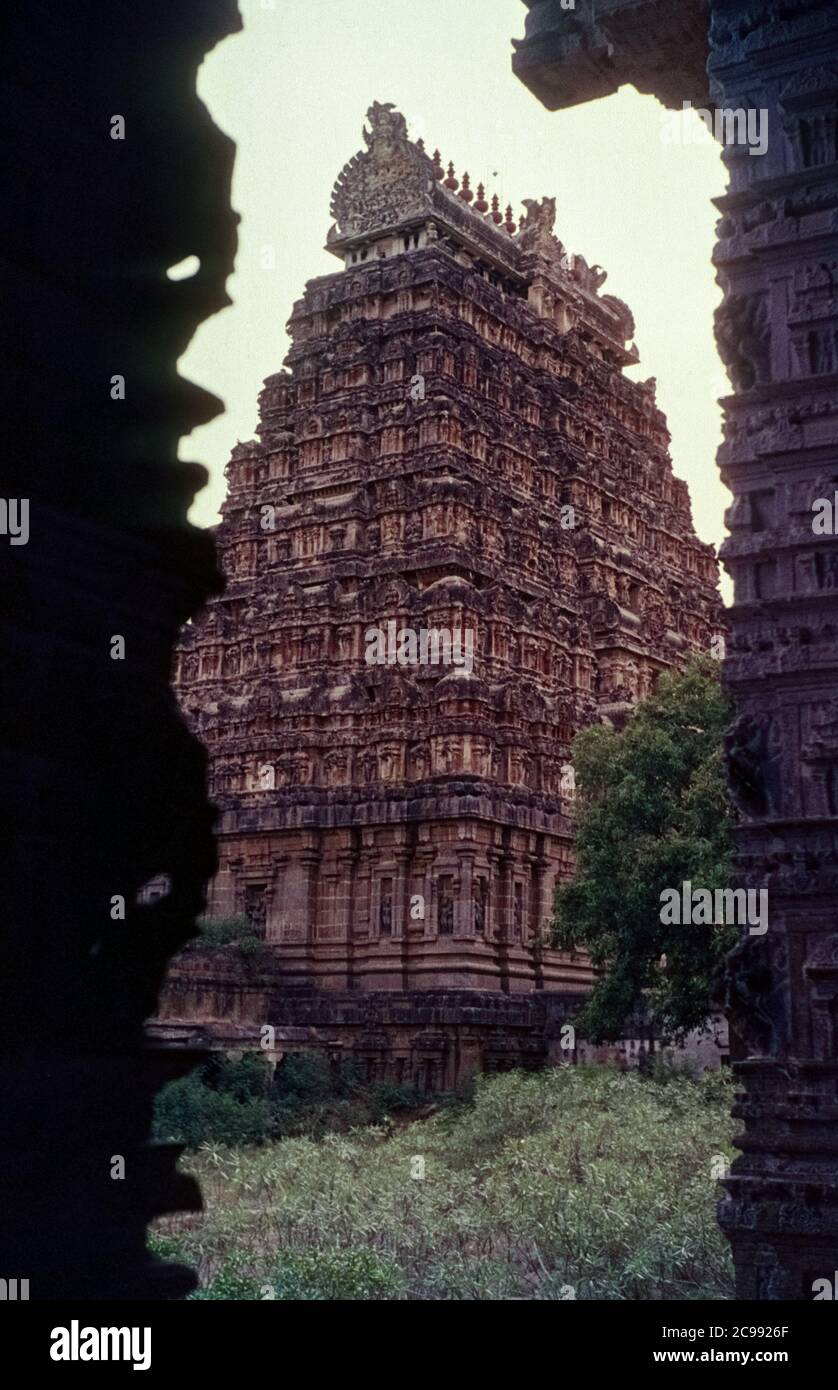 View of a gopuram of the famous Nataraja Temple, a Hindu temple