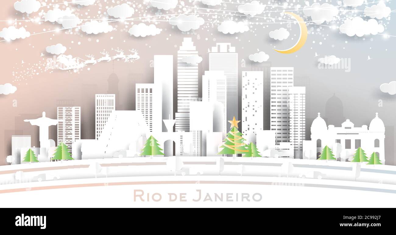Rio de Janeiro Brazil City Skyline in Paper Cut Style with Snowflakes, Moon and Neon Garland. Vector Illustration. Christmas and New Year Concept. Stock Vector