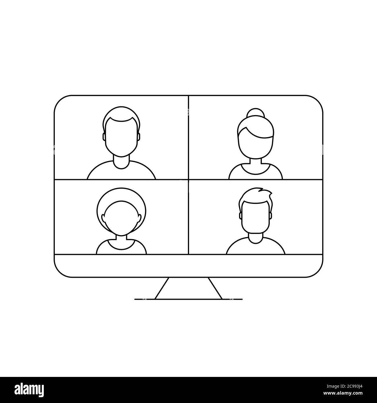 Video conference concept. Four people on desktop computer screen. Video call. Work from home during coranavirus pandemic. Virtual meeting of employees Stock Vector