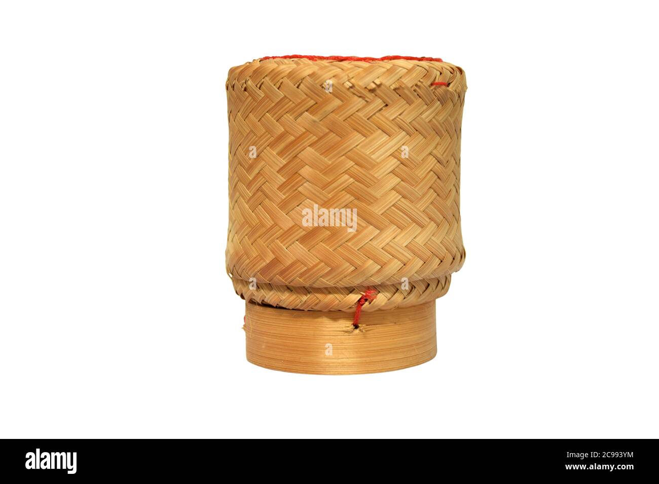 A Lao rice basket or bamboo basket or houat and Thailand name is Kratip for Glutinous rice or sticky rice on white background with Clipping path. Stock Photo