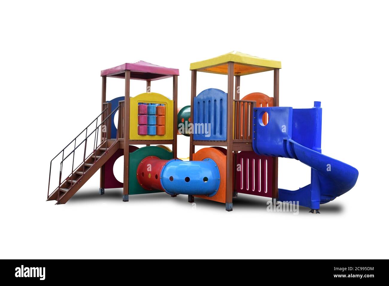 Colorful Combination playground structure for small children; slides, climbers (stairs in this case), playhouse Isolated on white background Stock Photo