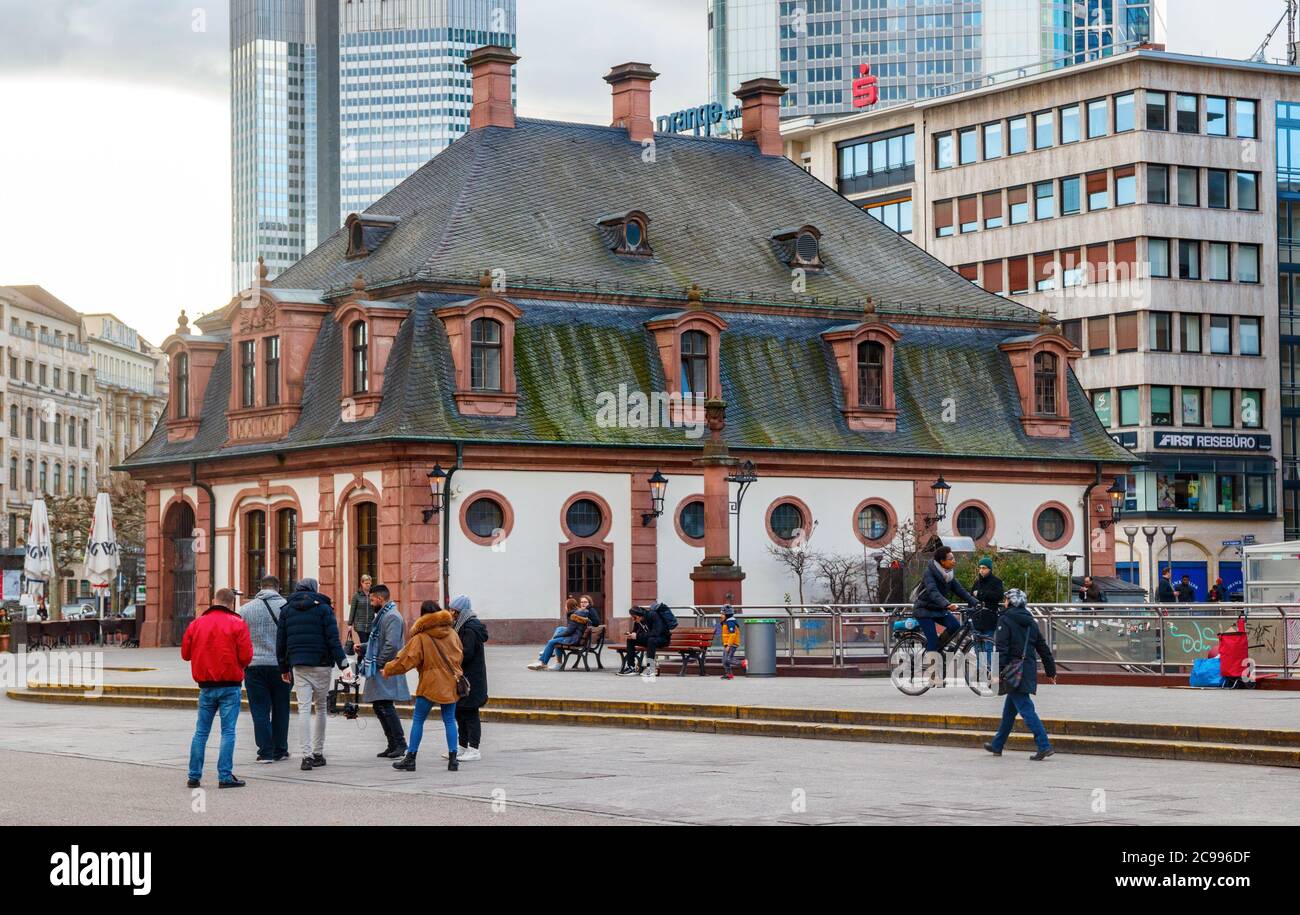 Hauptwache square, Darmstadt city centre. View of the former guard-house (hauptwache) with the terrace of the Hauptwache cafe. Germany. Stock Photo