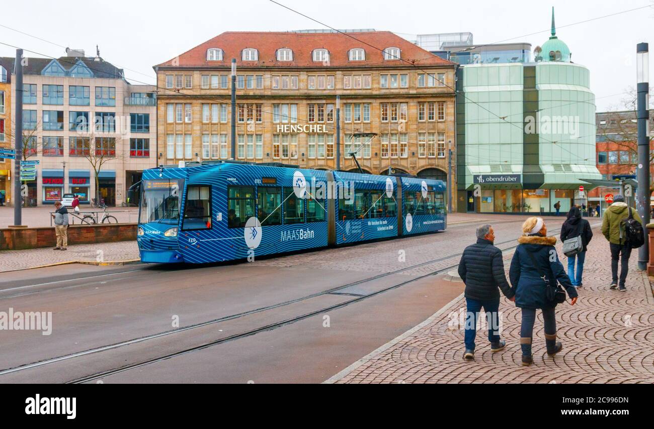 Darmstadt city centre. View of the Market Square (Marktplatz) with tramway, pedestrians and the Henschel GmbH headquarters. Germany. Stock Photo