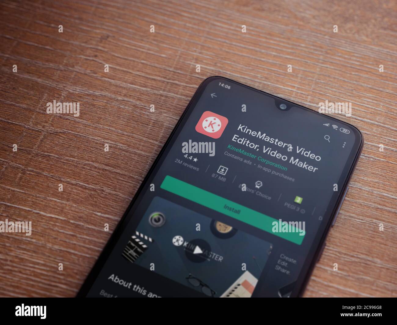 Lod Israel July 8 2020 Kinemaster Video Editor And Movie Maker App Play Store Page On The Display Of A Black Mobile Smartphone On Wooden Backgr Stock Photo Alamy