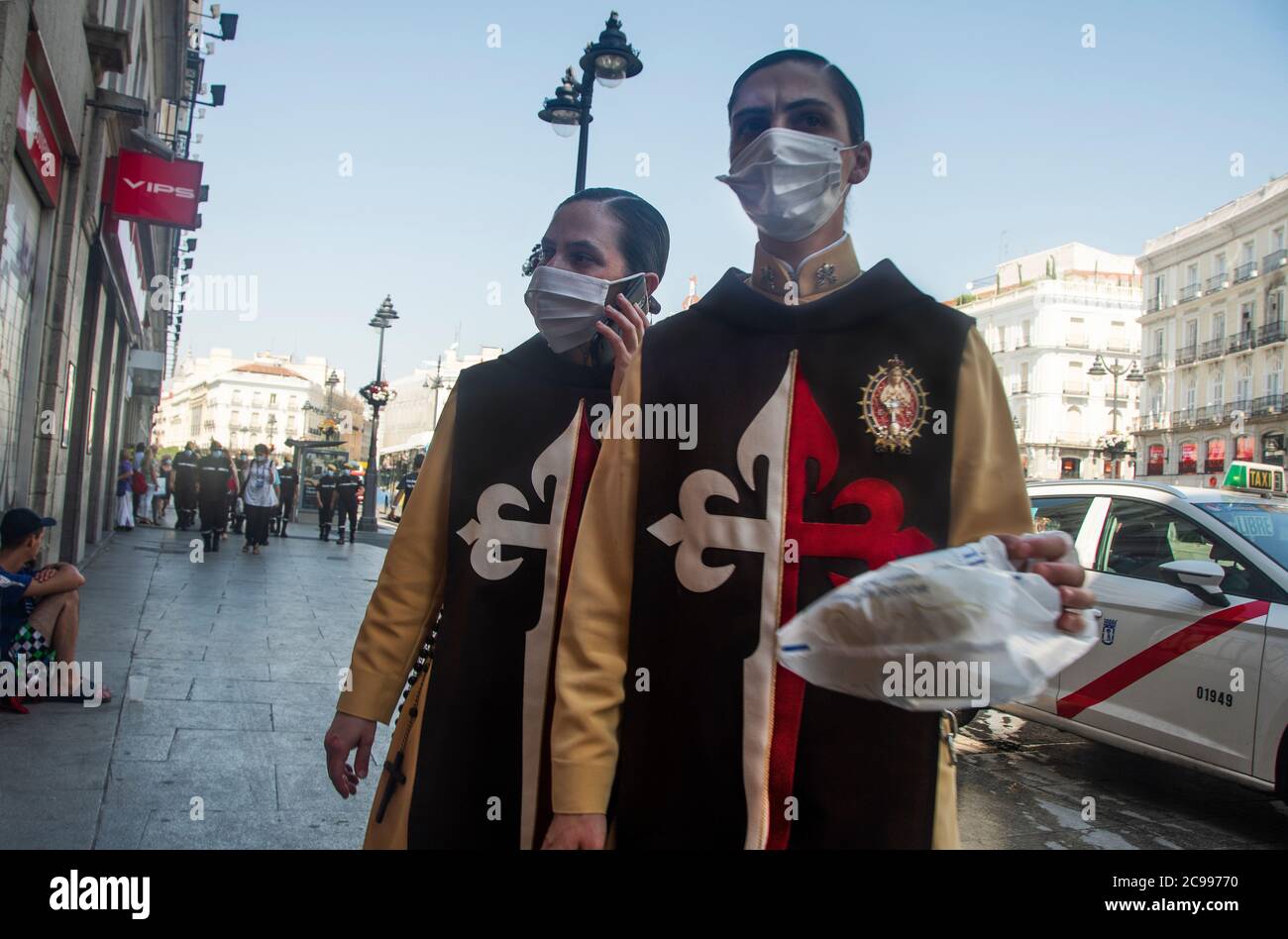 The Community of Madrid is going to decree the mandatory use of the mask also in outdoor spaces, including terraces, to try to control coronavirus out Stock Photo