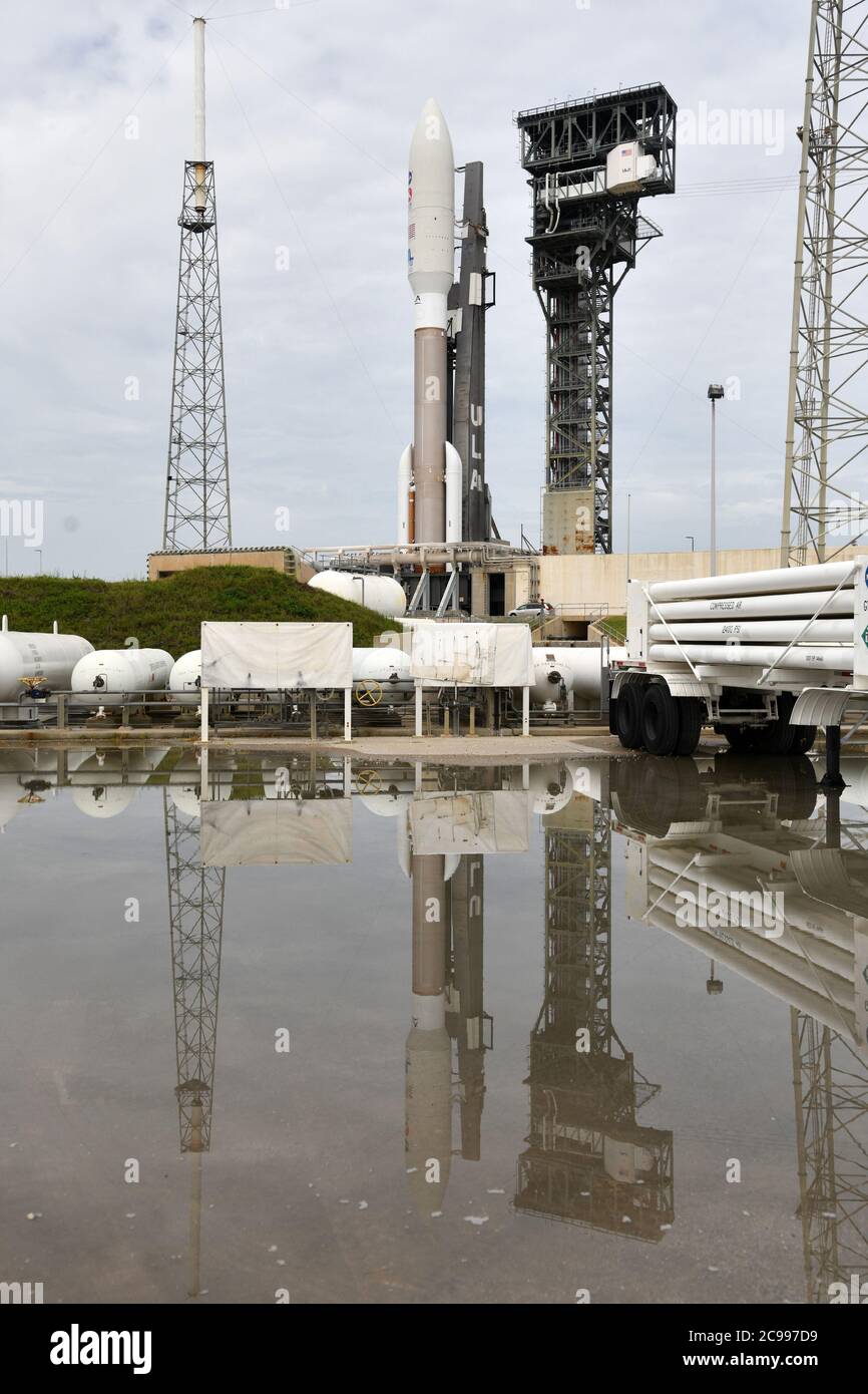 Cape Canaveral, United States. 29th July, 2020. A United Launch Alliance Atlas V rocket is being prepared for launch from Complex 41 at the Cape Canaveral Air Force Station, Florida on Wednesday, July 29, 2020. NASA's 'Perseverance' Rover and 'Ingenuity' Mars Helicopter will be sent on a seven month journey to Mars, planning for an arrival in February 2021. 'Ingenuity', NASA's solar powered drone, will be the first craft to fly on another planet. Photo by Joe Marino/UPI Credit: UPI/Alamy Live News Stock Photo