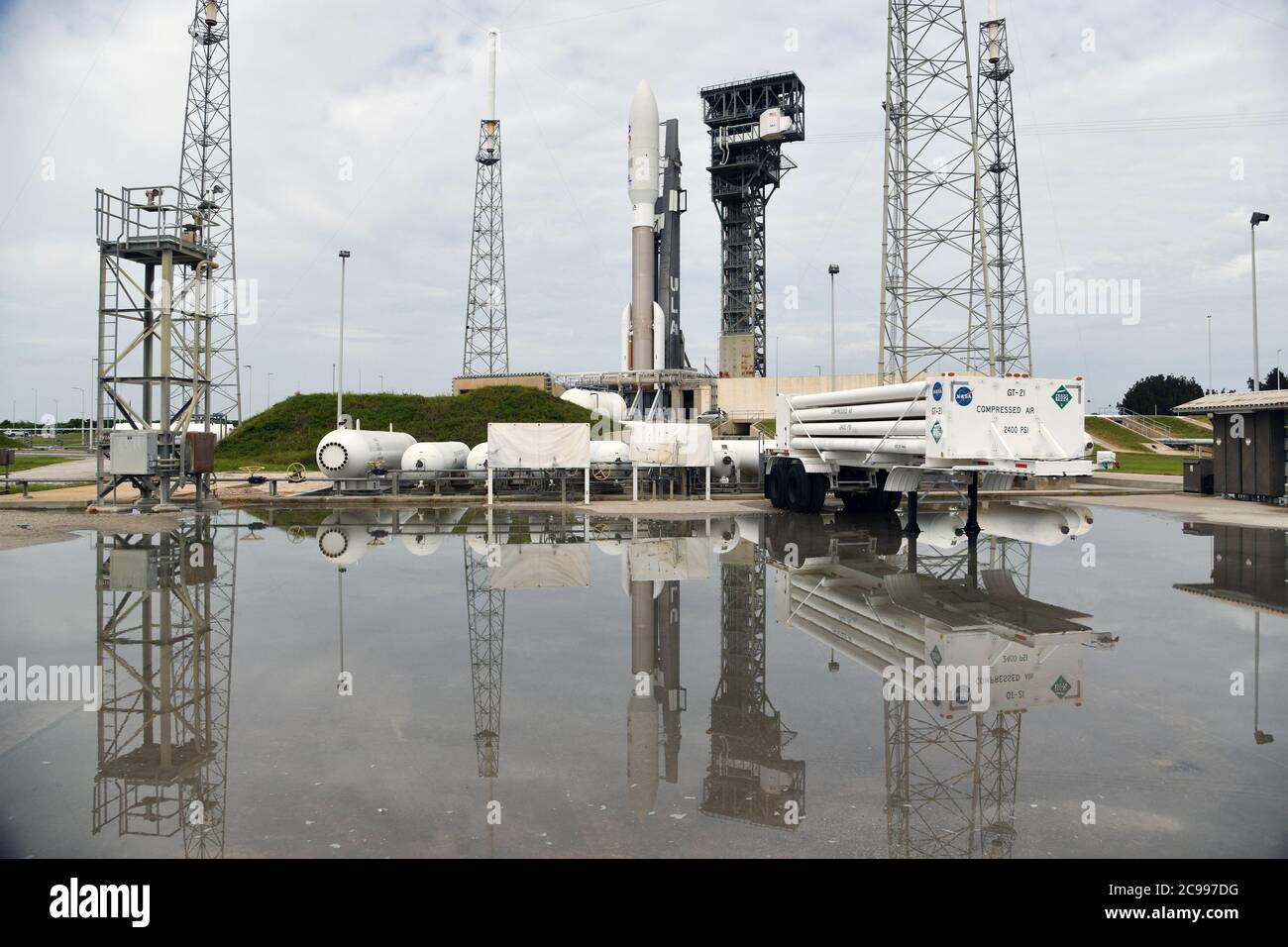 Cape Canaveral, United States. 29th July, 2020. A United Launch Alliance Atlas V rocket is being prepared for launch from Complex 41 at the Cape Canaveral Air Force Station, Florida on Wednesday, July 29, 2020. NASA's 'Perseverance' Rover and 'Ingenuity' Mars Helicopter will be sent on a seven month journey to Mars, planning for an arrival in February 2021. 'Ingenuity', NASA's solar powered drone, will be the first craft to fly on another planet. Photo by Joe Marino/UPI Credit: UPI/Alamy Live News Stock Photo