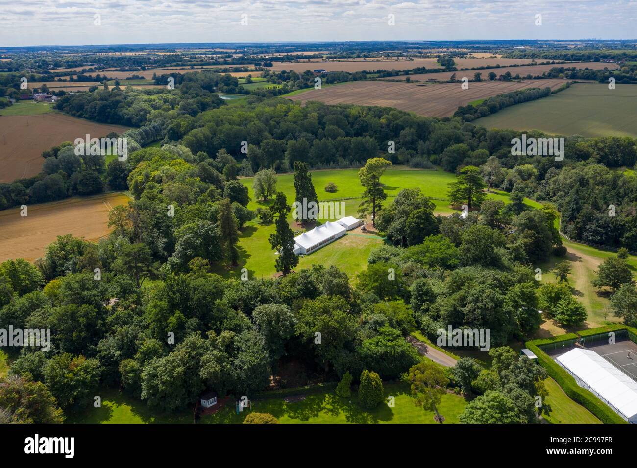 Essex, UK. 29th July 2020. The iconic white tent from British TV series 'The Great British Bake Off' in the grounds of its new filming location at the Down Hall Hotel in Bishop's Stortford, Essex. Credit: Ricci Fothergill/Alamy Live News Stock Photo