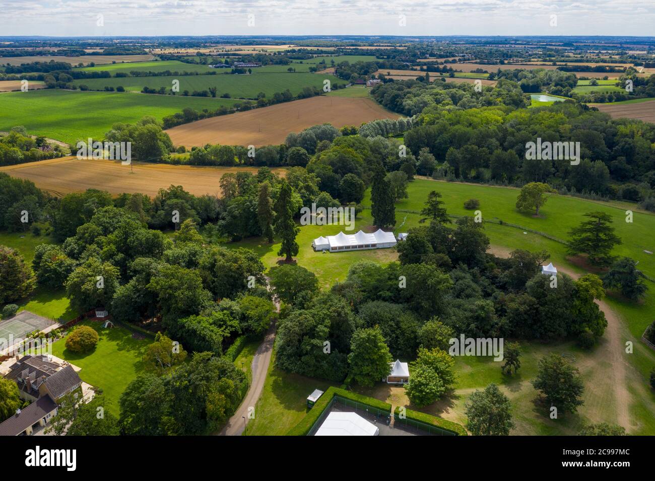 Essex, UK. 29th July 2020. The iconic white tent from British TV series 'The Great British Bake Off' in the grounds of its new filming location at the Down Hall Hotel in Bishop's Stortford, Essex. Credit: Ricci Fothergill/Alamy Live News Stock Photo