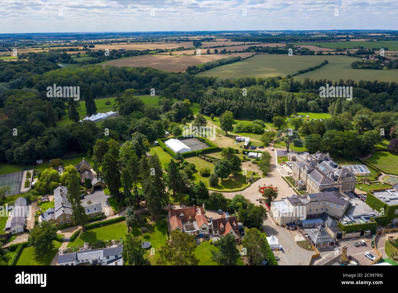 Essex, UK. 29th July 2020. The iconic white tent from British TV series 'The Great British Bake Off' in the grounds of its new filming location at the Down Hall Hotel in Bishop's Stortford, Essex. Credit: Ricci Fothergill/Alamy Live News Stock Photo