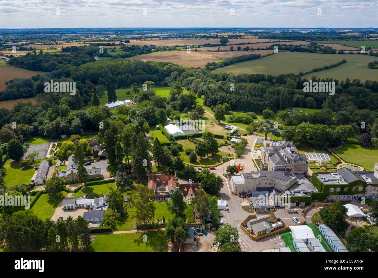 Essex, UK. 29th July 2020. The iconic white tent from British TV series 'The Great British Bake Off' in the grounds of its new filming location at the Down Hall Hotel in Bishop's Stortford, Essex. Credit: Ricci Fothergill/Alamy Live News Stock Photo