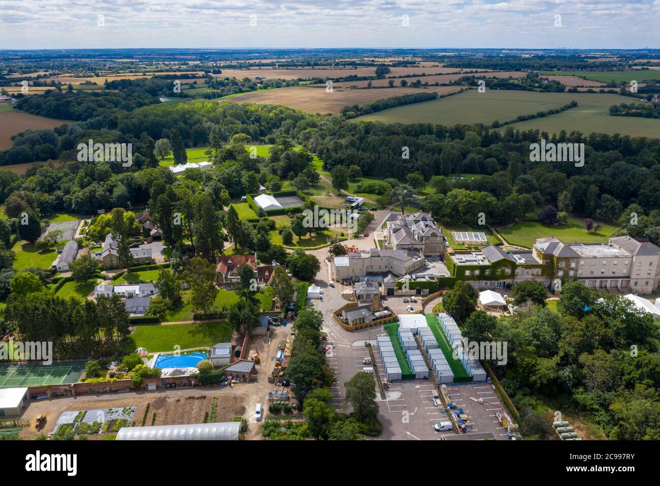 Essex, UK. 29th July 2020. The iconic white tent from British TV series 'The Great British Bake Off' in the grounds of its new filming location at the Down Hall Hotel in Bishop's Stortford, Essex. Credit: Ricci Fothergill/Alamy Live News Stock Photo