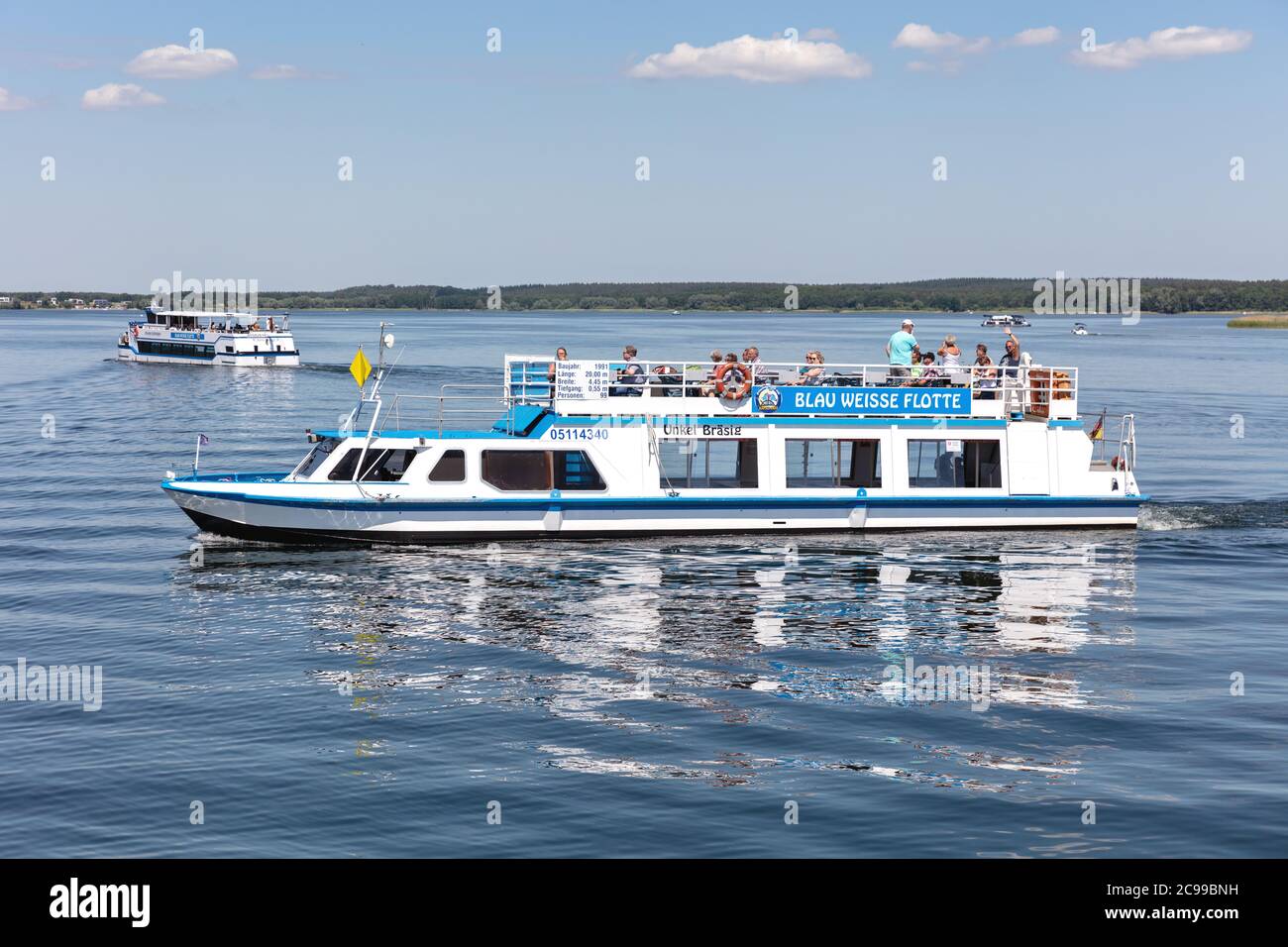 excursion boat UNKEL BRÄSIG of Blau Weisse Flotte on the Lake Plau, Germany Stock Photo