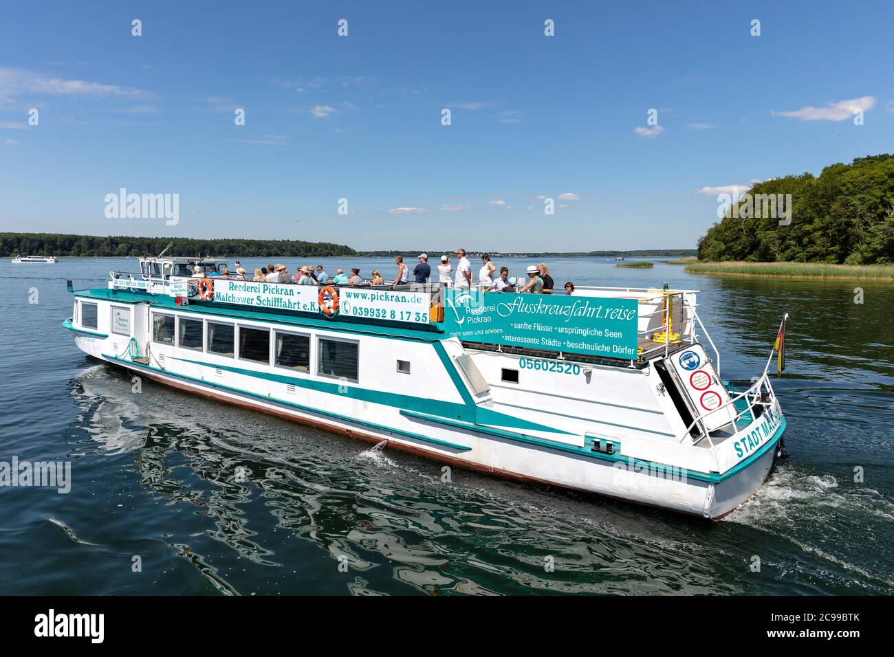excursion boat STADT MALCHOW of Reederei Pickran on the Lake Plau, Germany Stock Photo