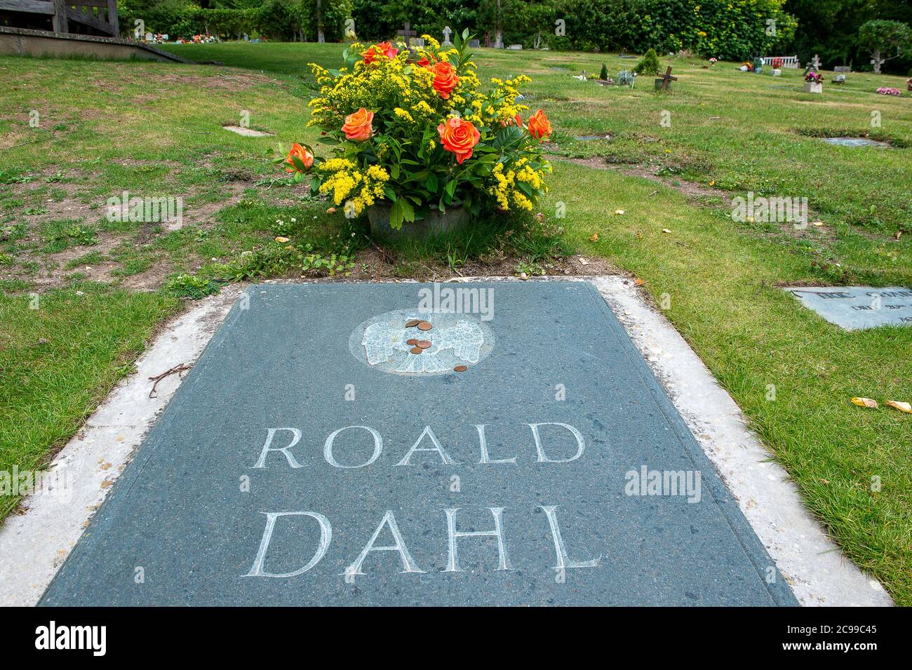 Great Missenden, Buckinghamshire, UK. 28th July, 2020. Although the Roald Dahl Museum in Great Missenden is currently closed, visitors are still able to see the grave of author Roald Dahl in the village churchyard. Credit: Maureen McLean/Alamy Stock Photo