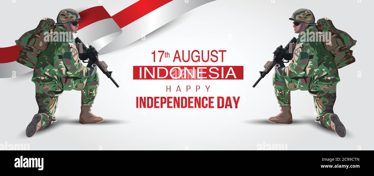 illustration of 17th of august background for Happy Independence Day of Indonesia. a soldier with gun and flag. Vector illustration. Stock Vector