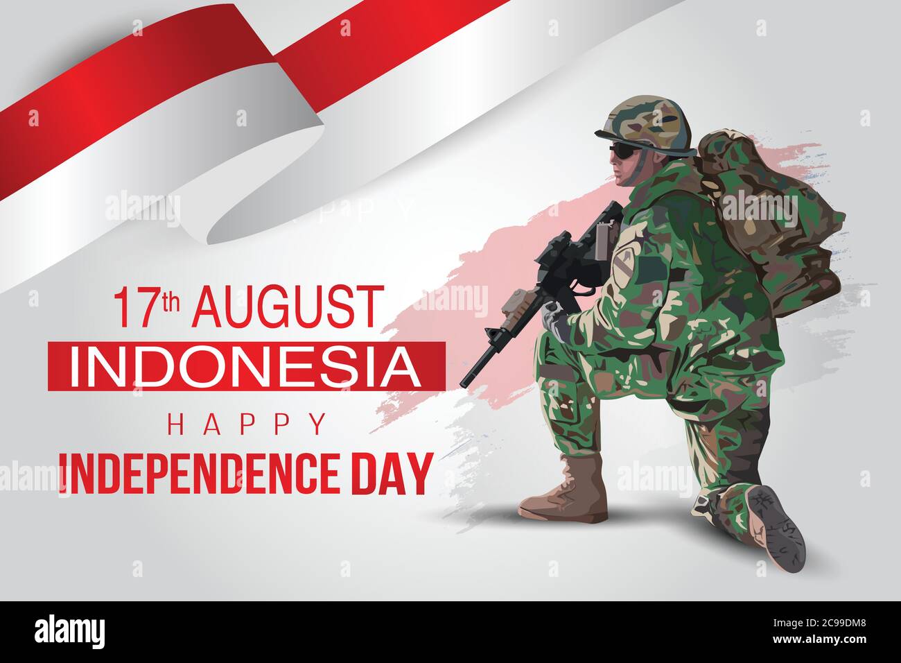 illustration of 17th of august background for Happy Independence Day of Indonesia. a soldier with gun and flag. Vector illustration. Stock Vector
