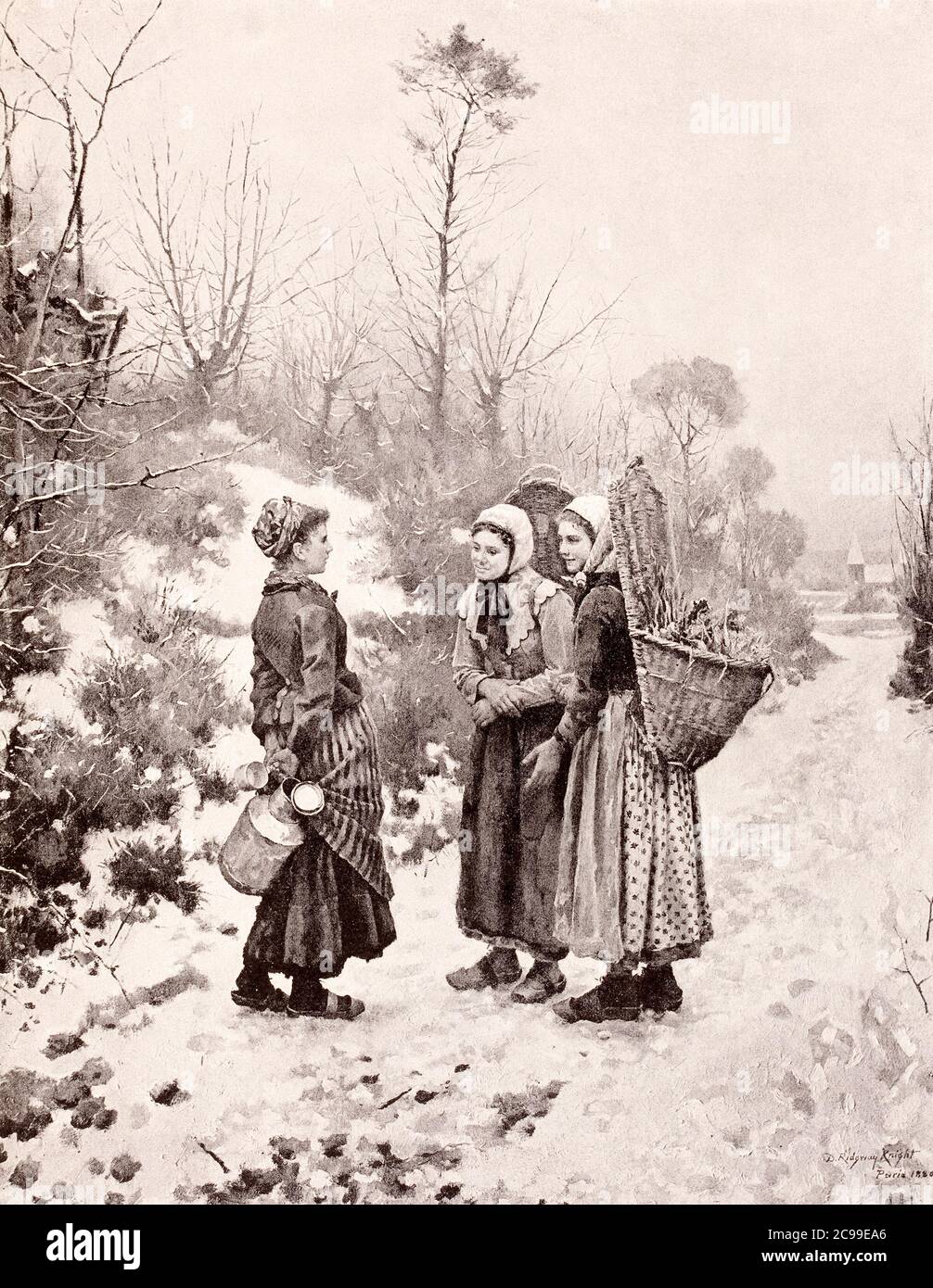 1890 photogravure of a Ridgway Knight painting with the caption, In Winter Stock Photo