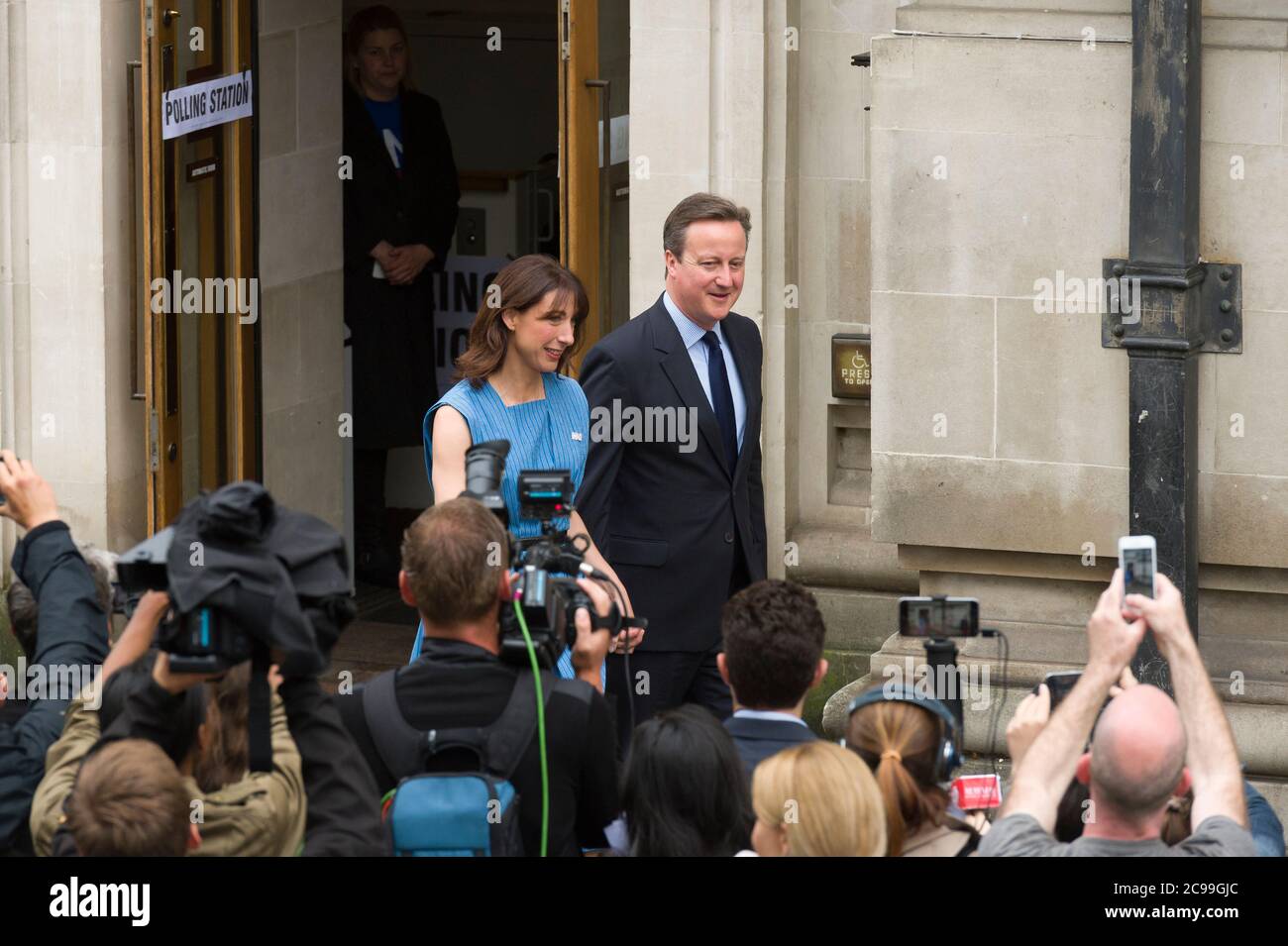 British Prime Minister David Cameron leaving with his wife Samantha after voting in the British referendum on whether to remain part of European Union or leave, Methodist Central Hall Westminster, London, UK.  23 Jun 2016 Stock Photo