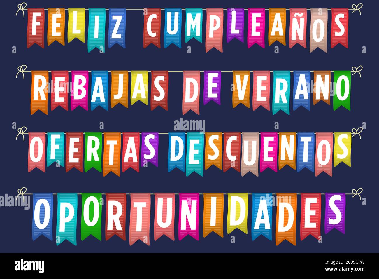 Vector illustration. Happy birthday and sales banner in spanish. Stock Vector