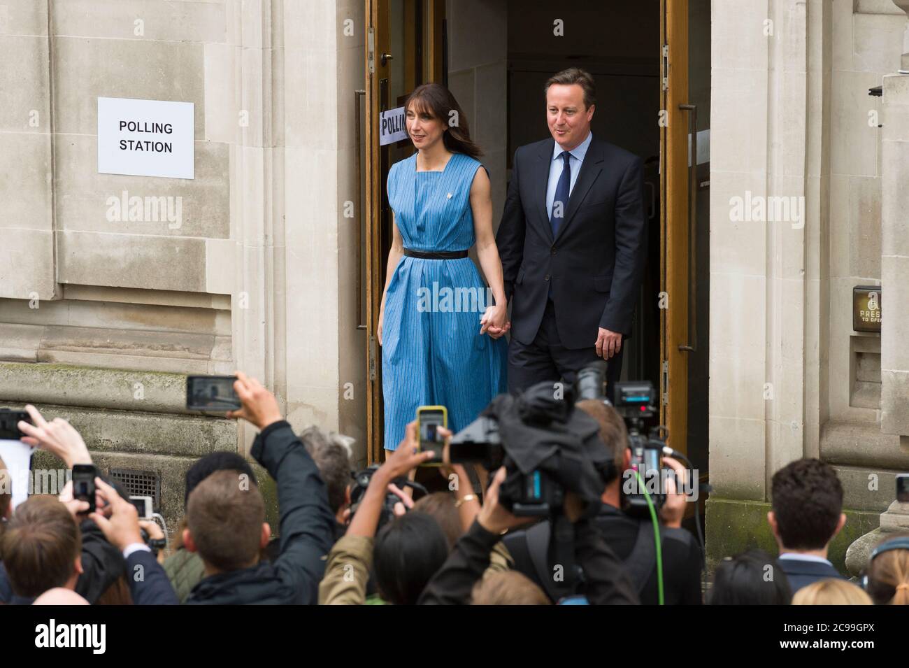 British Prime Minister David Cameron leaving with his wife Samantha after voting in the British referendum on whether to remain part of European Union or leave, Methodist Central Hall Westminster, London, UK.  23 Jun 2016 Stock Photo
