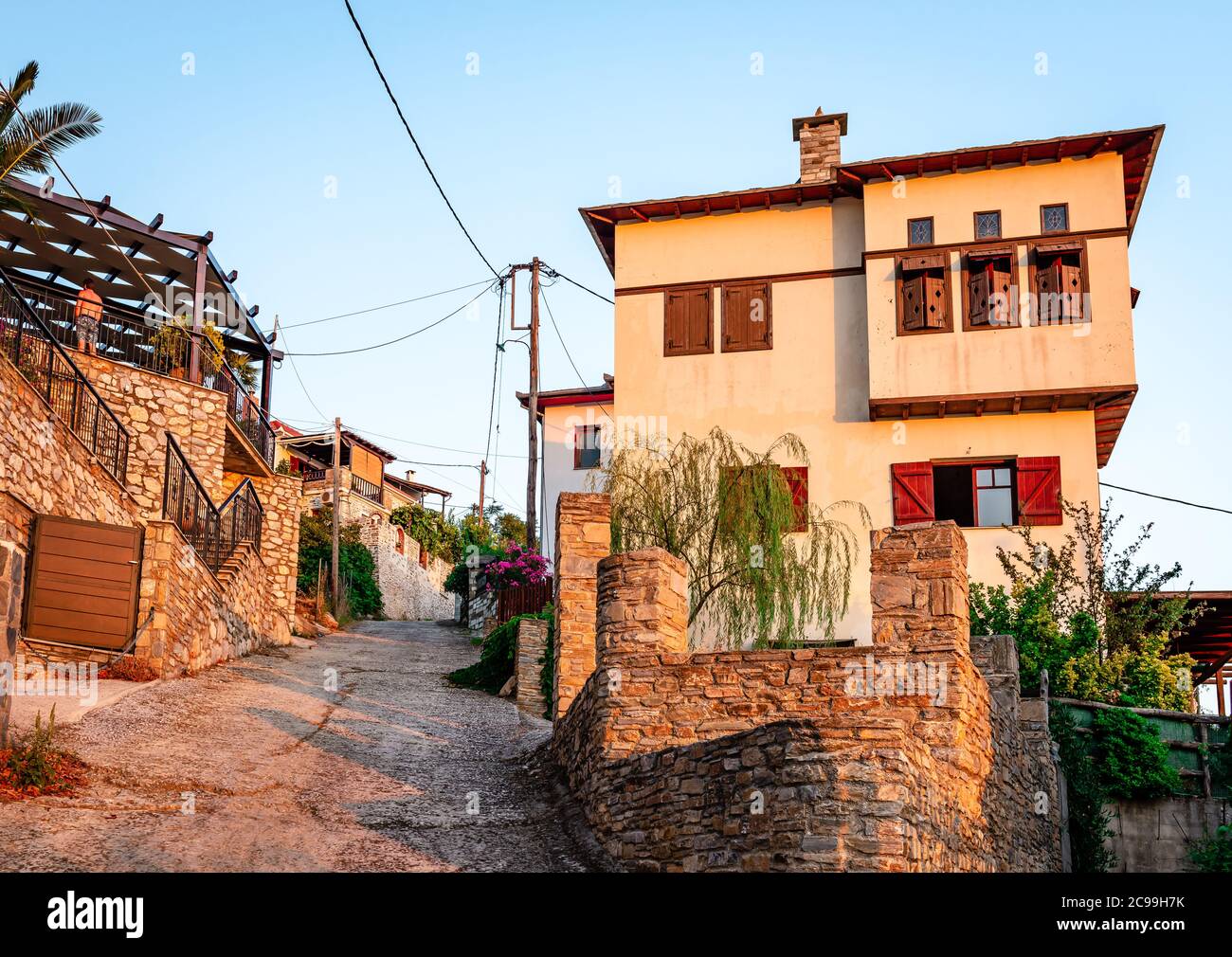 Mansions in Afissos, a small village on the slopes of Mount Pelion, Greece. Stock Photo