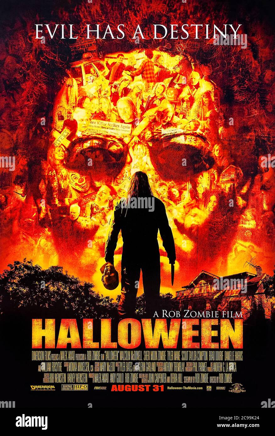 Halloween (2007) directed by Rob Zombie and starring Scout Taylor-Compton, Malcolm McDowell and Tyler Mane. Michael Myers escapes from the Smith's Grove Sanitarium after 17 years later and continues where he left off. Stock Photo