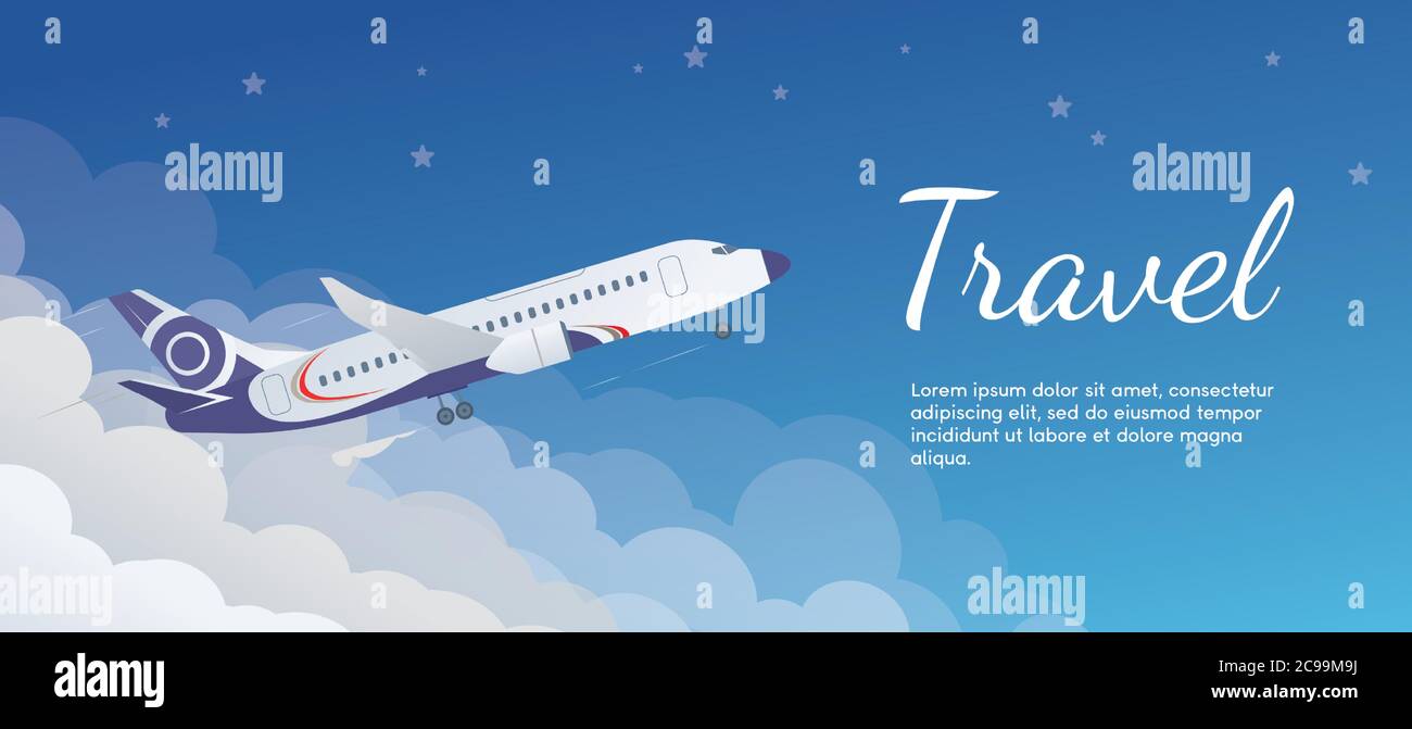 The banner of the airplane taking off from the clouds. Travel concept. Airplane in a flat style. Stock Vector