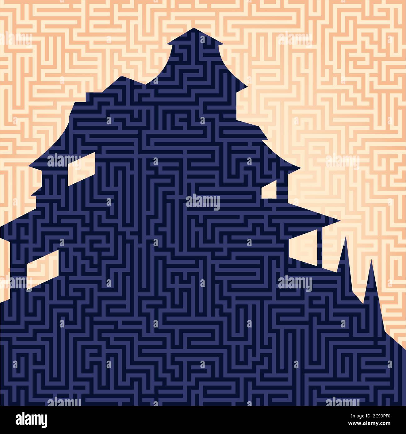 Vector illustration. Mansion silhouette with maze or labyrinth texture. Isolated. Stock Vector