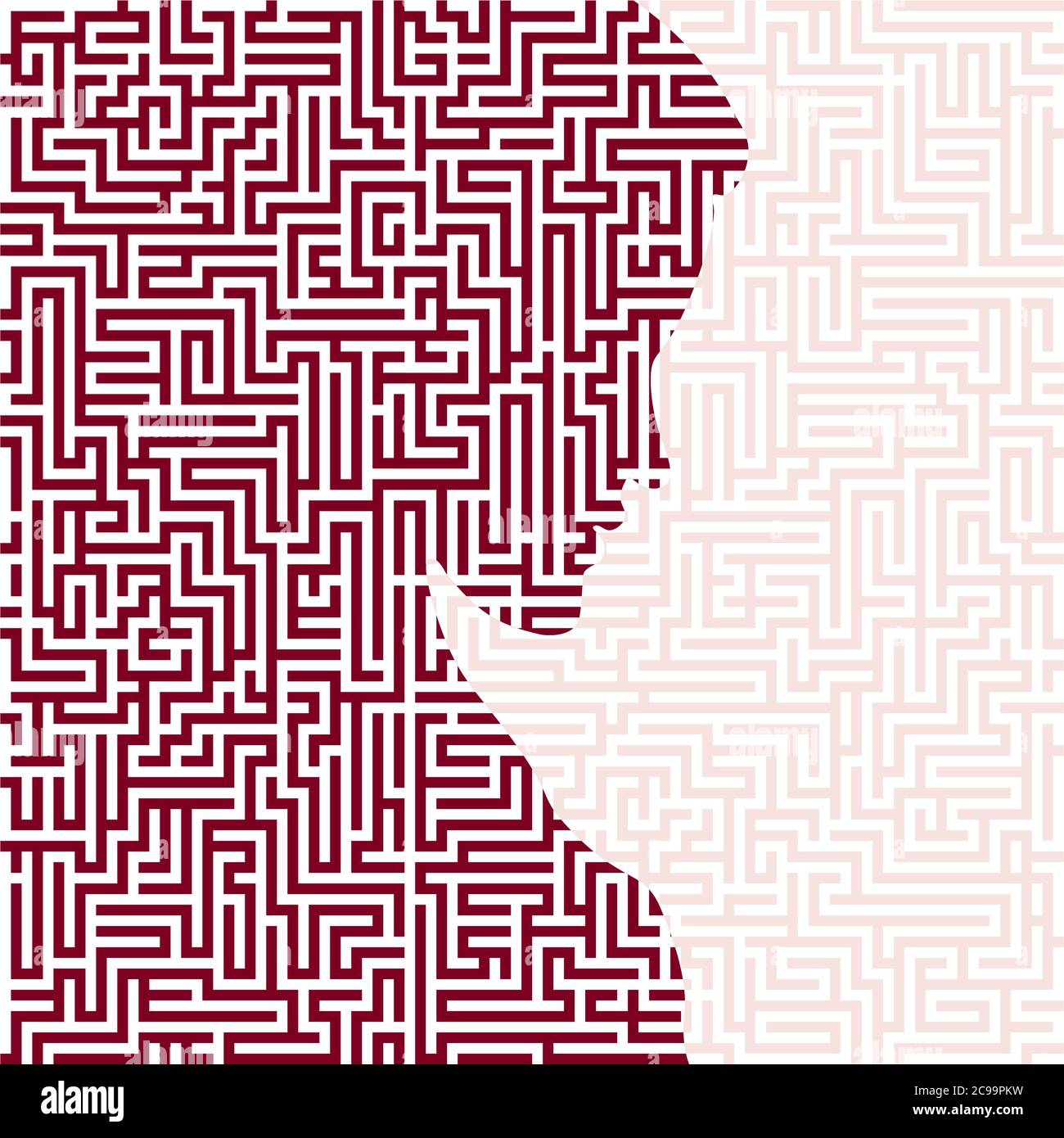 Vector illustration. Melancholic woman silhouette with maze or labyrinth texture. Isolated. Stock Vector