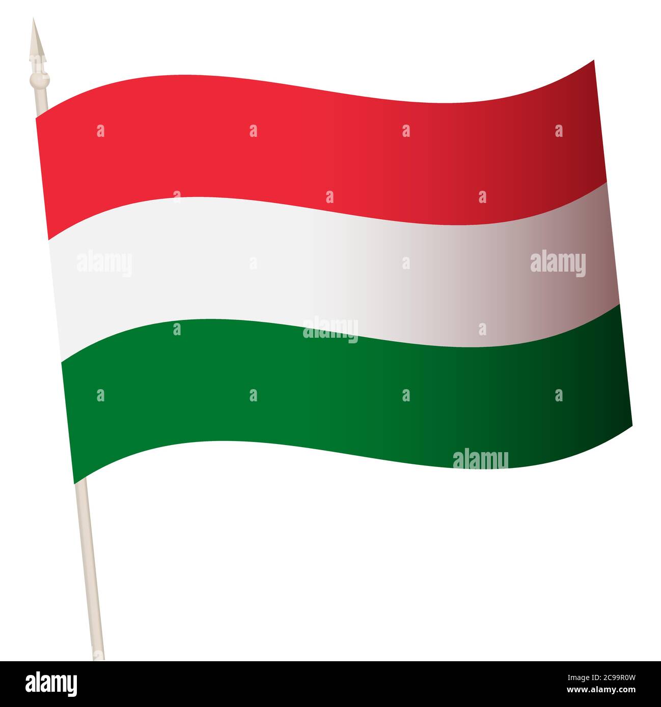 Vector Waving flag on a flagpole. The national flag of Hungary. Color symbol isolated on white. Stock Vector