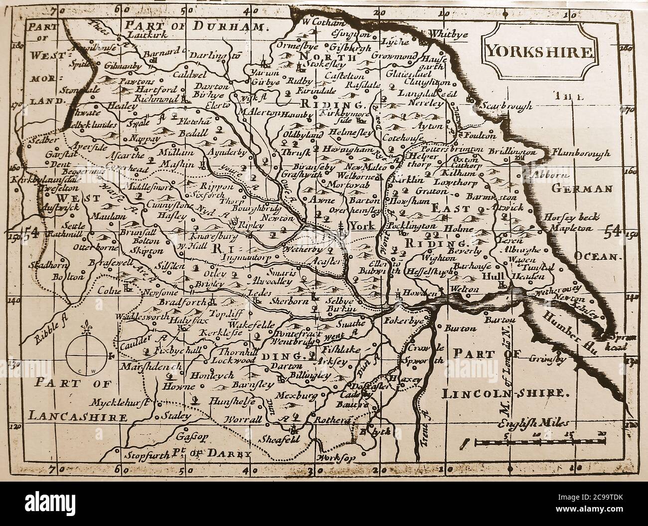 An ancient map of Yorkshire (1778) showing place names as they were spelled at that time. Stock Photo