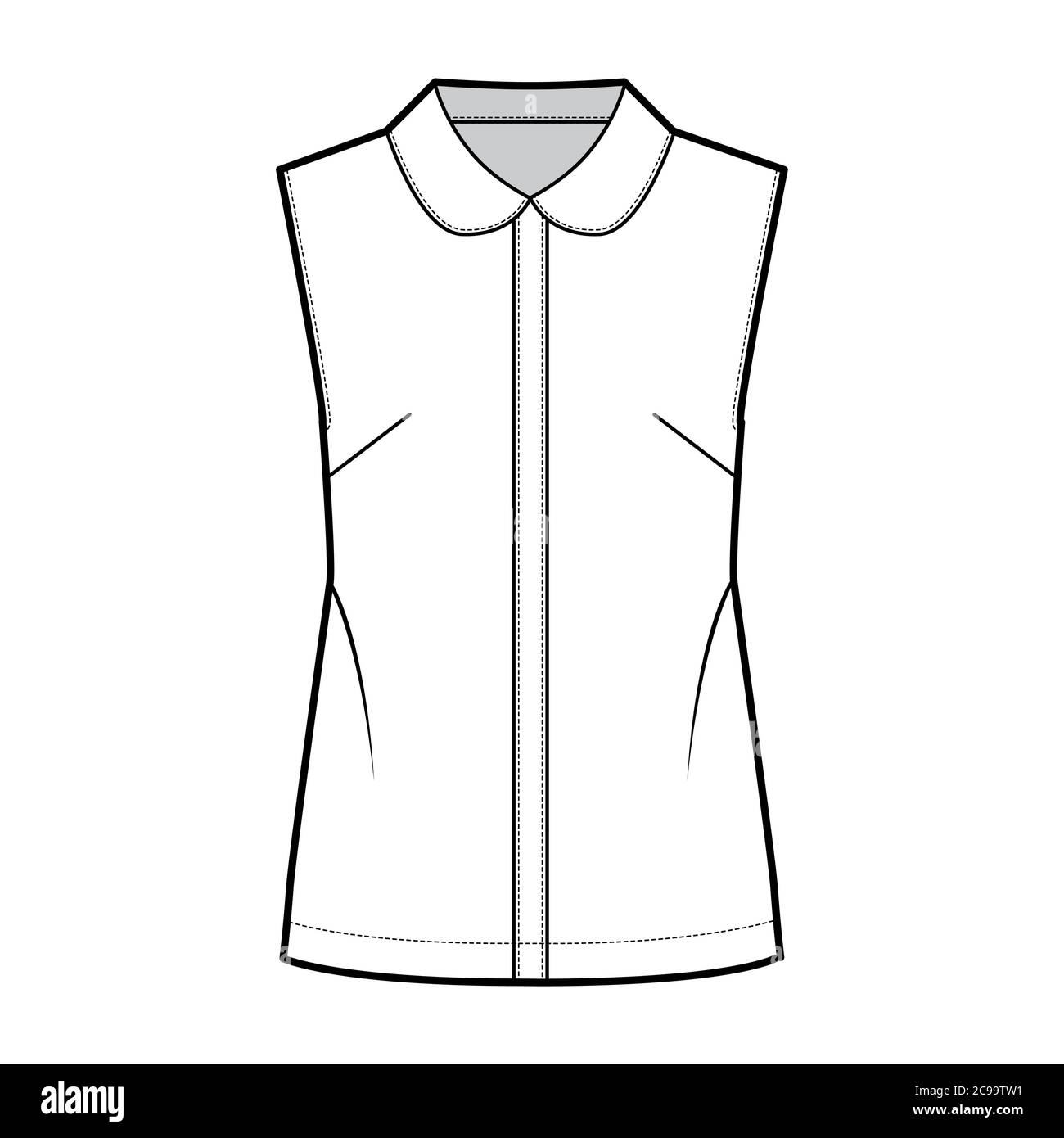 Blouse technical fashion illustration with round collar, sleeveless, loose silhouette, front button fastenings. Flat shirt apparel template front, white color. Women, men unisex top CAD mockup Stock Vector